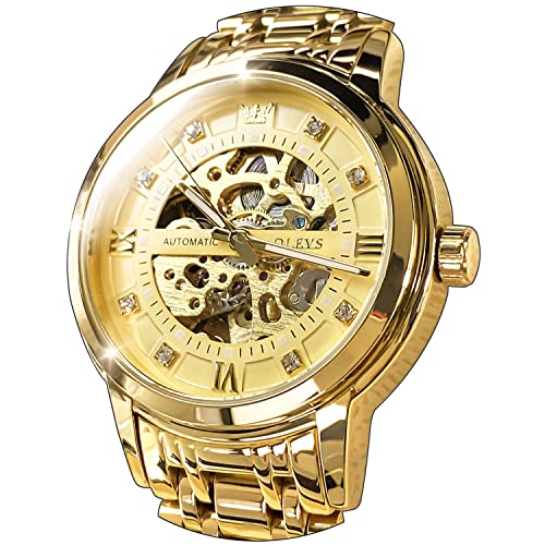 OLEVS Men’s Gold Skeleton Watch Automatic Mechanical Self Winding Luxury Dress Stainless Steel Waterproof Luminous Wrist Watches