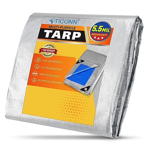 TICONN Heavy Duty Tarp Cover, Extra Thick Tarps Waterproof Tear and Rip Proof UV Resistant Tarpaulin with Reinforced Grommets and Edges (5.5 Mil, 6'x8')