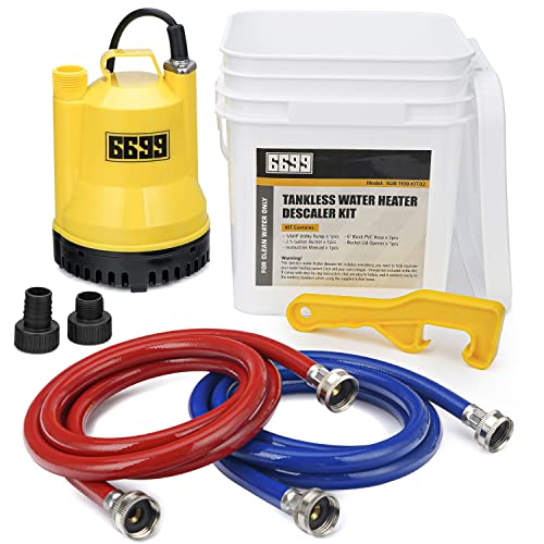 6699 Tankless Water Heater Flushing Kit Includes 1/6HP Submersible Sump Pump with Two Adapters & 3 Gallons Pail with Bucket Lid Opener & Two 1/2” Dia X 6’ PVC Hoses with Washers