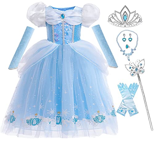 iTVTi Cinderella Princess Dress Girls Halloween Party Cosplay Costume Toddler Puffy Sleeve Blue Fancy Outfit, 3-4T (Tag 110)