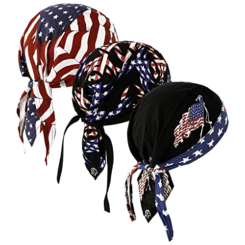 DOCILA 3 Pcs Do Rags for Men Stripe Star Skull Cap American Flag Bandana Hat Breathable Helmet Linner Beanie Patriotic Cycling Hats Veterans Memorial Gifts