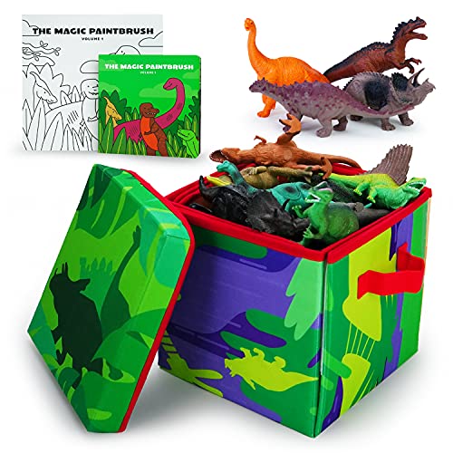 Boley Dino Play Mat and Toy Storage Box - 8 Piece Playset with Foldable Dinosaur Floor Playmat/Storage Box, Plastic Dinosaur Figures, and Dinosaur Books - Kids Play Mats for Toddlers Ages 3+