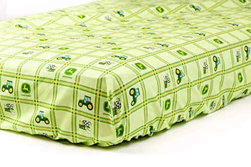 J&D Productions, Inc. Tractor Fitted Crib Sheet displaying JD Tractors and Logos, Green