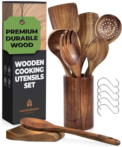 Wooden Spoons for Cooking – Wooden Utensils for Cooking Set with Holder, Spoon Rest & Hooks, Teak Wood Nonstick Kitchen Cookware – Durable Set of 8pcs by Woodenhouse