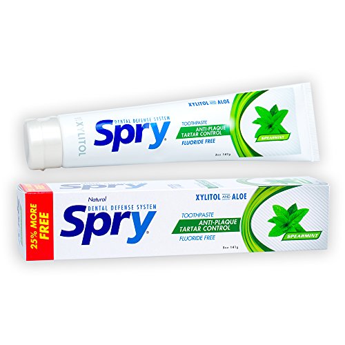 Spry Xylitol Toothpaste 5oz, Fluoride Free Toothpaste Adult and Kids, Teeth Whitening Toothpaste with Xylitol, Natural Breath Freshening, Mouth Moisturizing Ingredients, Spearmint (Pack of 1)