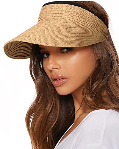 FURTALK Hat Straw Sun Visors for Women Summer Packable Ponytail Beach Hats for Travel UPF 50+ (Wide Brim Khaki, One Size)