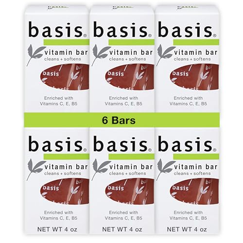 Basis Vitamin Bar Soap - Cleans and Softens with Vitamin C, E, and B5 – Use for Body Wash or Hand Soap – Pack of 6 Bars