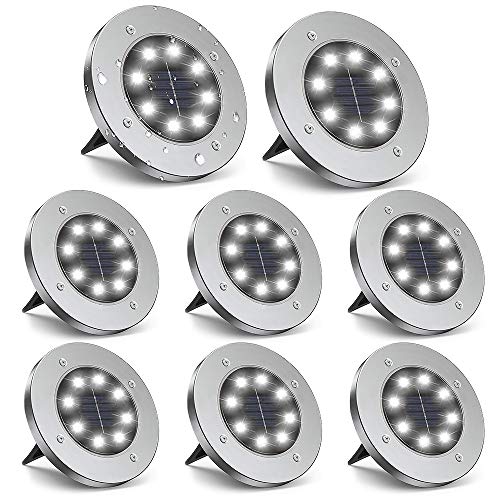 ZGWJ Solar 8 LED Disk Lights Upgraded Outdoor Ground Garden Landscape Lights for Lawn Pathway Yard Deck Patio Walkway (White)