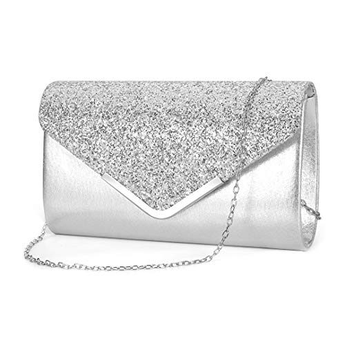 Naimo Womens Shiny Sequin Flap Dazzling Clutch Bag Evening Bag Purse with Detachable Chain for Wedding Party (Silver)