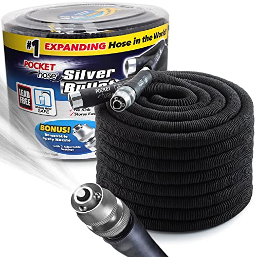 Pocket Hose Silver Bullet 100 ft Turbo Shot Nozzle Multiple Spray Patterns Expandable Garden Hose 3/4 in Solid Aluminum Fittings Lightweight and No-Kink