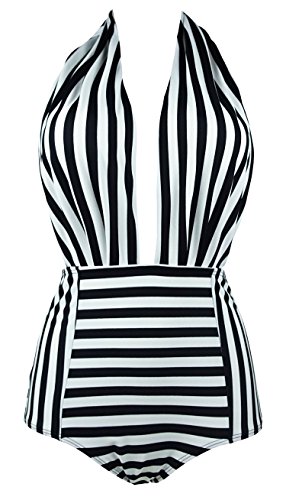 COCOSHIP Black & White Striped Retro One Piece Backless Bather Swimsuit High Waisted Pin Up Swimwear Monokini XXXL(US14)