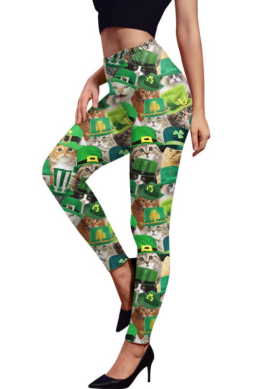 St Patrick's Day Womens Soft Green Pants Irish Pattys Shamrock Paddys Leggings Cat Clover XL