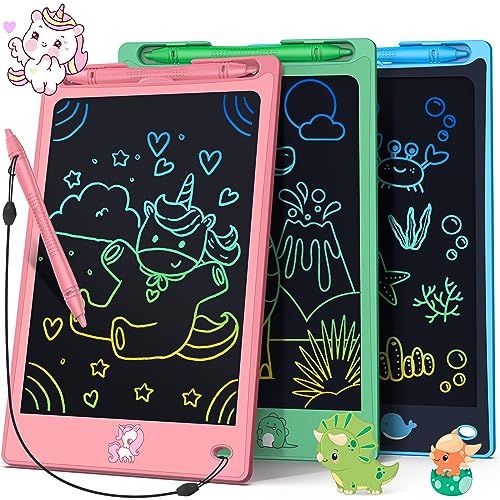 FLUESTON LCD Writing Tablet for Kids,Drawing Tablet for Boys Girls 3 4 5 6 7 8 Year,8.8 Inch 3pcs in 1 Pack Drawing Pad Toy Christmas Birthday Gifts for Toddler,Doodle Board Cute Dinosaur Unicorn