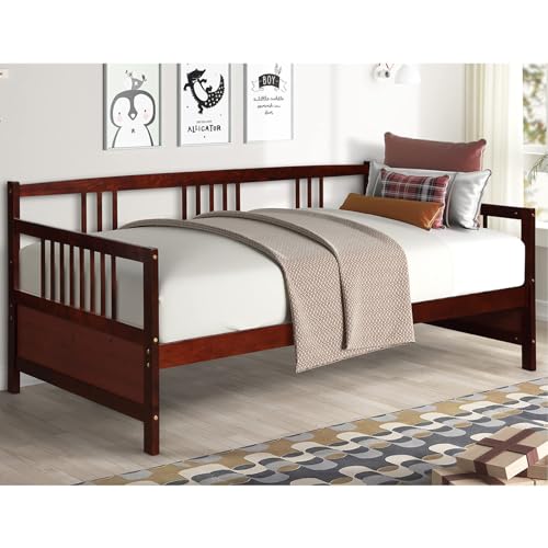 Giantex Twin Daybed Frame, Wooden Sofa Bed Guest Bed with Rails & Wood Slat Support, Dual-use Twin Size Platform Bed Frame for Living Room Bedroom, No Box Spring Needed, Cherry