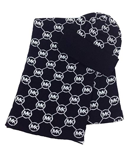 Michael Kors Womens 2pc MK Logo Knit Solid Border Scarf & Cuffed Hat Gift Set One Size Black/White