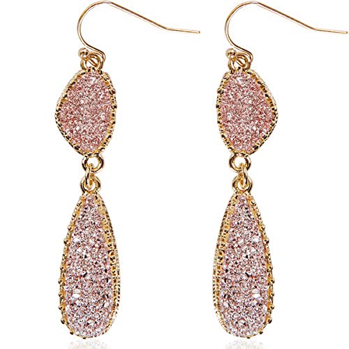 Humble Chic Simulated Druzy Drop Dangles - Long Double Teardrop Dangly Earrings for Women, Gold - Rose Gold Stone