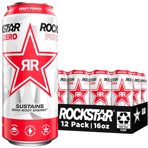 Rockstar Pure Zero Energy Drink, Fruit Punch, 0 Sugar, with Caffeine and Taurine, 16oz Cans (12 Pack) (Packaging May Vary)