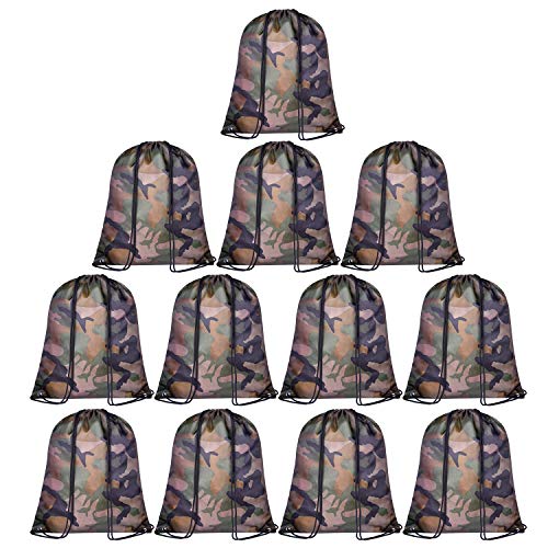 KUUQA 12 Pack Camouflage Drawstring Backpack Bulk String Backpack Cinch Kids Sport Bags Storage Bags for Gym Traveling (Camouflage)