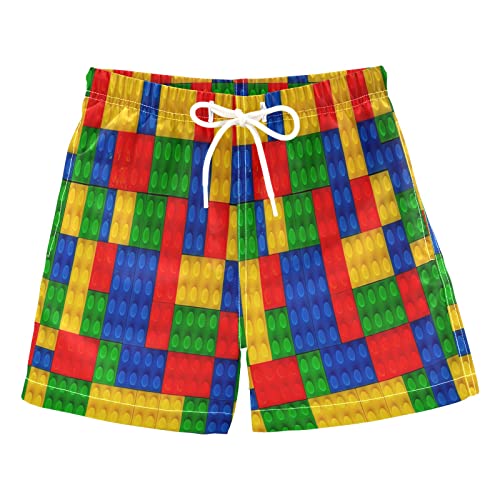 80s Multicolored Blocks Childrens Building Set Boys Swim Trunks Summer Drawstring Toddler Swim Board Shorts Quick Dry Little Boys Bathing Suit Beach Hawaii Vacation 8 Years