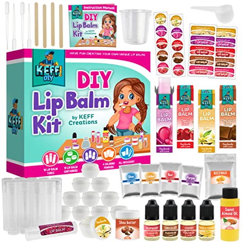KEFF Lip Balm Making Kit - Make Your Own Lip Gloss Kit for Kids, Girls, & Teens - DIY Makeup Set with Beeswax, Shea Butter, Flavor Oils, Mica Color Powders & More - 51Pcs