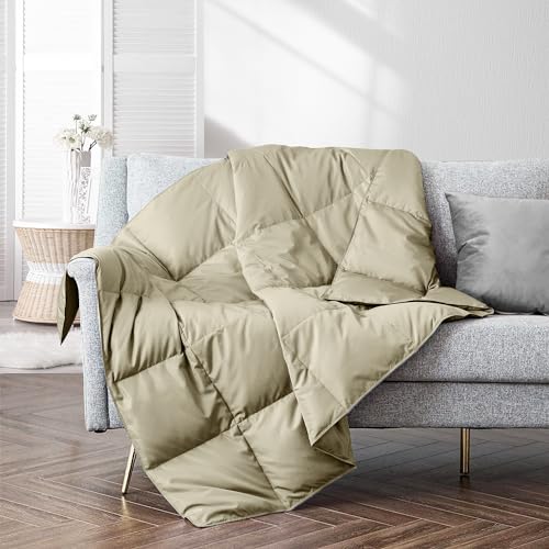 puredown Soft Feather Down Throw Blanket Lightweight Packable Couch Throw for Indoor and Outdoor Use, 50'X70', Beige