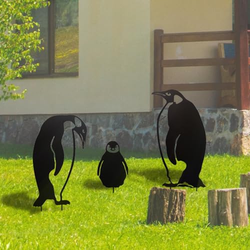 CXCJAI Penguins Decorative Stake Garden Decoration Metal Penguins Garden Stakes, Yard Decor Art Lawn, Outdoor Home Decor Animal Silhouette Statues Garden Decor,Black Set of 3