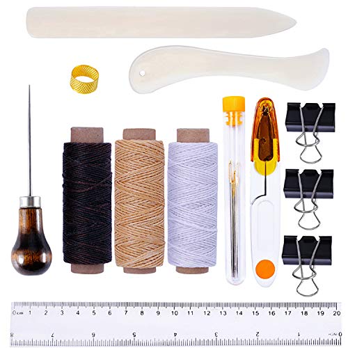 Goiio 19 Pieces Bookbinding Kit Starter Tools Set Bone Folder Paper Creaser, Waxed Thread, Awl, Large-Eye Needles for DIY Bookbinding Crafts and Sewing Supplies