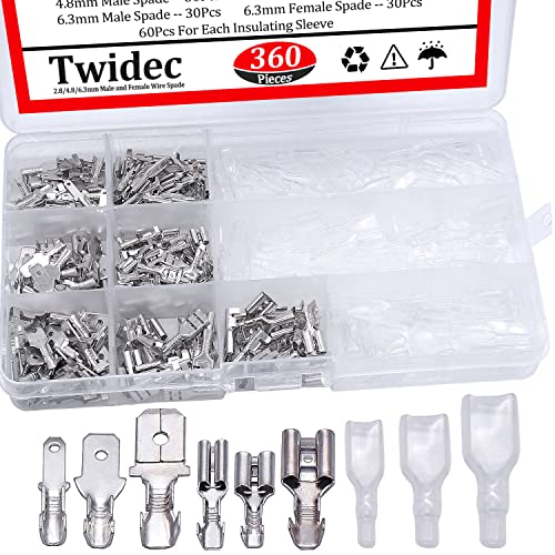 Twidec/360Pcs 2.8/4.8/6.3mm Quick Splice Male and Female Wire Spade Connector Crimp Terminal Block Assortment Kit with Insulating Sleeve for Electrical Wiring Car Audio Speaker