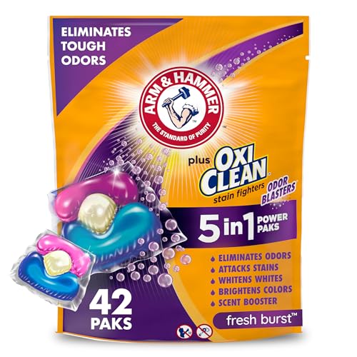 ARM & HAMMER Plus OxiClean with Odor Blasters Concentrated Laundry Detergent, 5-in-1 Laundry Stain Remover, Fresh Burst Detergent Power Paks, 42 Count Bag