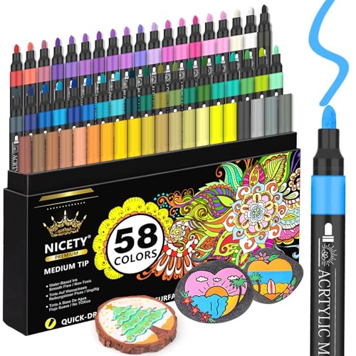 NICETY 58 Colors Acrylic Paint Pens Paint Markers, 3mm Medium Tip Point Acrylic Paint Pens for Rock Painting, Canvas, Wood, Ceramic, Glass, Stone, Fabric, DIY Crafts & Art Supplies
