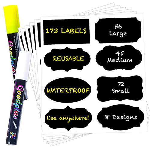 173Pcs Chalkboard Label Stickers with 2 Chalk Markers Pen, Black Chalk Labels for Mason Jars, Pantry Containers, Glass Bottles, Kitchen Food Spice Storage Bins Stickers, Reusable Removable Waterproof