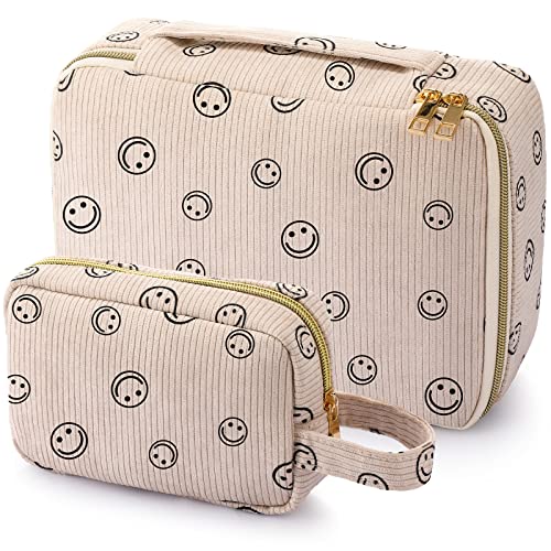 Sanwuta 2 Pcs Corduroy Cosmetic Bag Set Travel Toiletry Bag Smile Face Makeup Pouch Portable Cosmetic Pouch Smile Dots Bags Multifunction Organizer Washable Skincare Bag for Women Teen Girls, 2 sizes