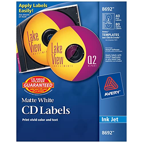 Avery CD/DVD Labels, Permanent, 8692, Matte White, Pack of 40