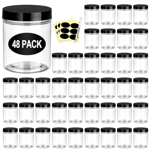 Eupako 48 Pack Plastic Jars with Lids 6 OZ - Empty Clear Cosmetics Containers with Pen and Labels, Round Small Plastic Jars with Screw On Lids for Slime, Makeup, Butter, Cream, Lotion, Pot, Dry Food