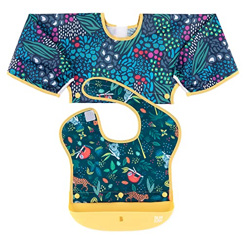 Bumkins Silicone Bibs for Girl or Boy, Baby and Toddler 6-24 Mos, Essential Must Have for Eating, Feeding, Combination Fabric SuperBib and Long Sleeve with Attachable Pocket Food Catcher, Jungle