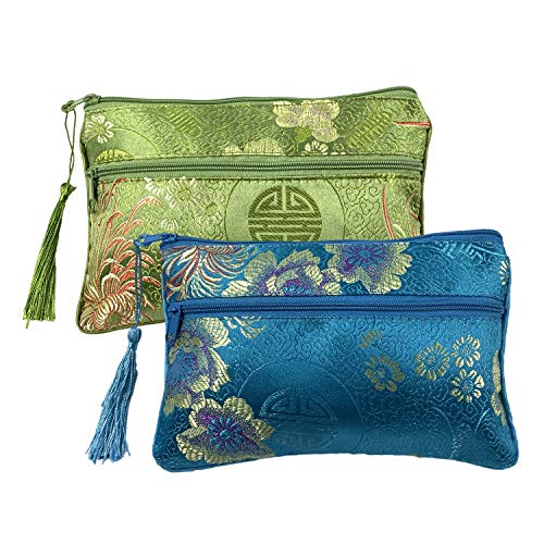 2PCS Silk Brocade Padded Tassel Double Zipper Jewelry Pouch Drawstring Coin Purse Gift Bags Value Set (Assort Color 8)