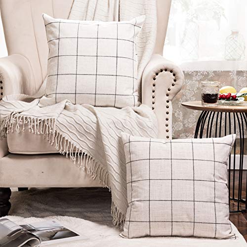 Basic Model Set of 2 Plaid Throw Pillow Covers Modern Farmhouse Decorative Square Linen Pillow Case for Sofa Couch Bed 18 x 18 Inch, Beige