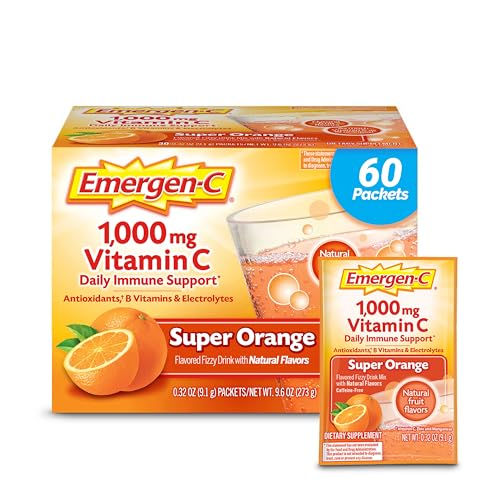 Emergen-C 1000mg Vitamin C Powder for Daily Immune Support Caffeine Free Vitamin C Supplements with Zinc and Manganese, B Vitamins and Electrolytes, Super Orange Flavor -60 Count(Pack of 1)