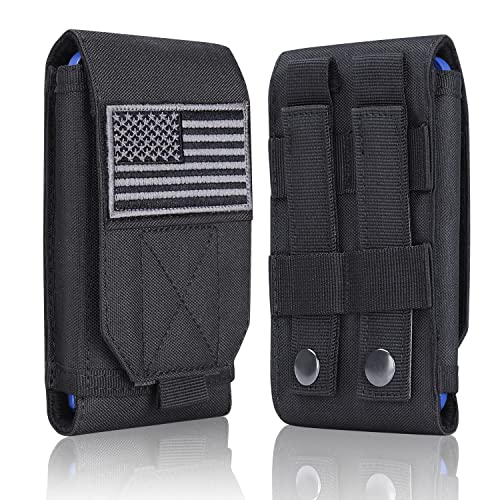 Heyqie Black Tactical Molle Cellphone Pouch Case,Heavy Duty Waterproof Phone Holster Bag for iPhone 11 12 13 Pro Max Samsung S22 S21 S20 FE Note 20 A13 A12 A02S Less 6.7' Phone with US Flag Patch