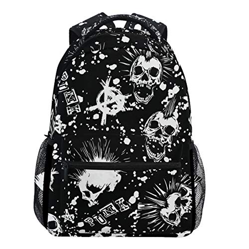 Oarencol White Punk Skull Mohawk Hair Black Vintage Backpacks Bookbags Daypack Travel School College Bag for Womens Girls Mens Boys Teens