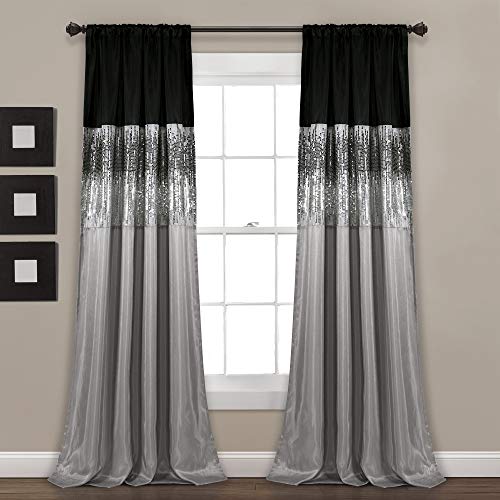 Lush Decor Night Sky Window Curtain Panel, Single, 42' W x 84' L, Silver & Black - Sequin Curtains - Sparkle & Color Block Design - Modern Glam Decor - Long Curtains For Bedroom & Living Room