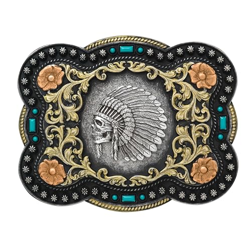 Nocona Boots Men's Standard Indian Chief Skull Floral Scroll Antique Silver Western Belt Buckle 37038, 4' x 3.25'