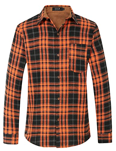 SSLR Flannel Shirts for Men, Long Sleeve Button Down Shirt Lightweight Plaid Brushed Casual (Large, Orange Flannel)