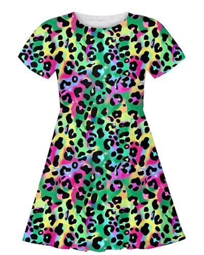 ALISISTER Little Dress Girls Casual Tshirt Sundress Swing Kids Crew Neck School Dance Twirl Colorful Leopard Toddler Dresses Birthday Party Outfits Summer Home Funny Playwear Size 7