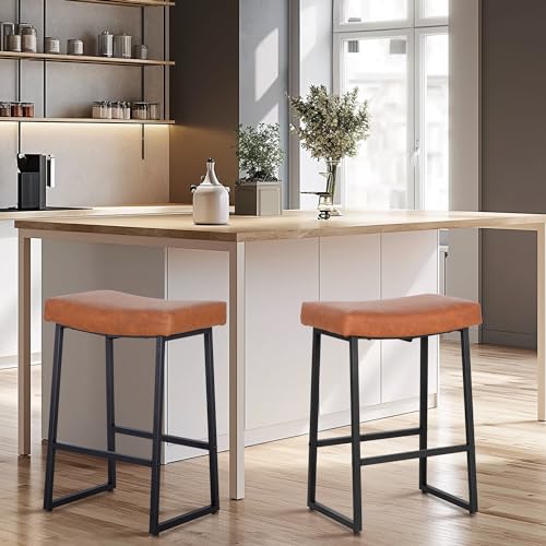 MAISON ARTS Brown Bar Stools Set of 2 Counter Height 24 Inches Saddle Stools for Kitchen Counter Backless Modern Barstools Upholstered Faux Leather Stools Farmhouse Island Chairs, Brown, 2pcs