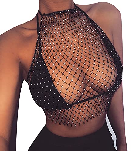 Women See Through Mesh Diamond Tank Tops Hollow Out Beach Cover up Crop Tops for Rave Festival Clubwear Black
