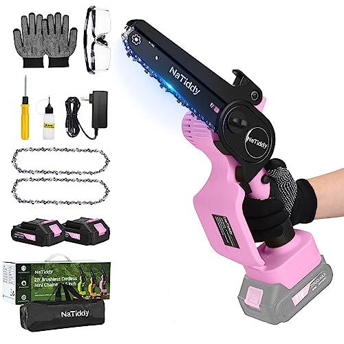 NaTiddy 6 inch Mini Cordless Chainsaw Cordless, 21V Brushless Battery Powered Chainsaw,Portable One-Hand Rechargeable Handheld Electric Chainsaw for Wood Cutting Tree Trimming Grey