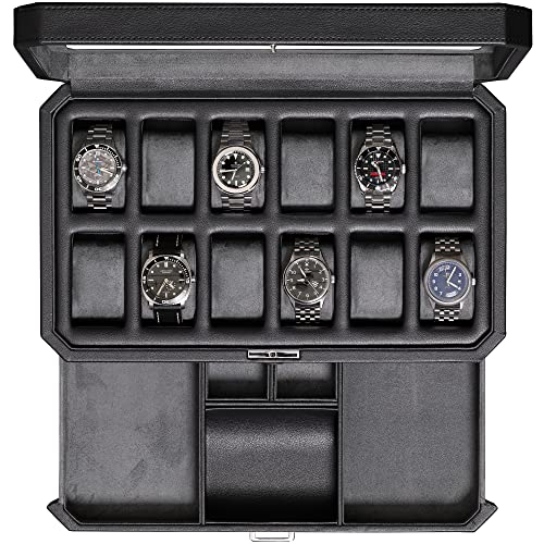 ROTHWELL 12 Slot Leather Watch Box with Valet Drawer - Luxury Watch and Jewelry Case Display Organizer, Microsuede liner, Mens Locking Watch Storage Holder Large Glass Top (Black/Grey)