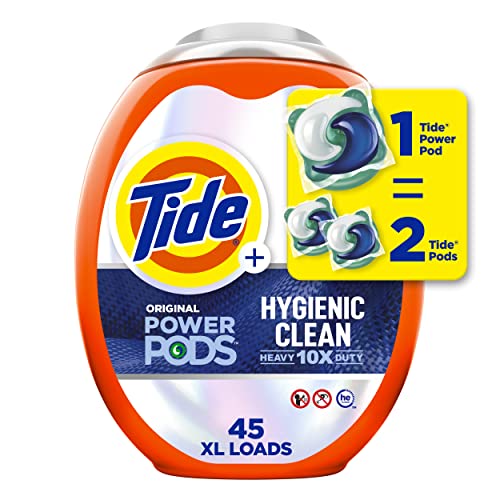 Tide Power PODs Hygienic Clean Heavy Duty Liquid Laundry Detergent Pacs HE Compatible 45 Count Hypoallergenic Free and Clear of Dyes and Perfumes For Visible and Invisible Dirt