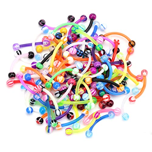 CrazyPiercing Colorful Ball Acrylic Flexible Curved Bar Eyebrow Rings Tragus Piercing Jewelry, 50Pcs, 16G